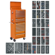 Sealey's SPTOCOMBO1, an orange 14-drawer tool chest combination with ball-bearing slides, is displayed alongside meticulously organized trays of various hand tools, including wrenches, pliers, screwdrivers, and more from the 1179-piece tool kit.