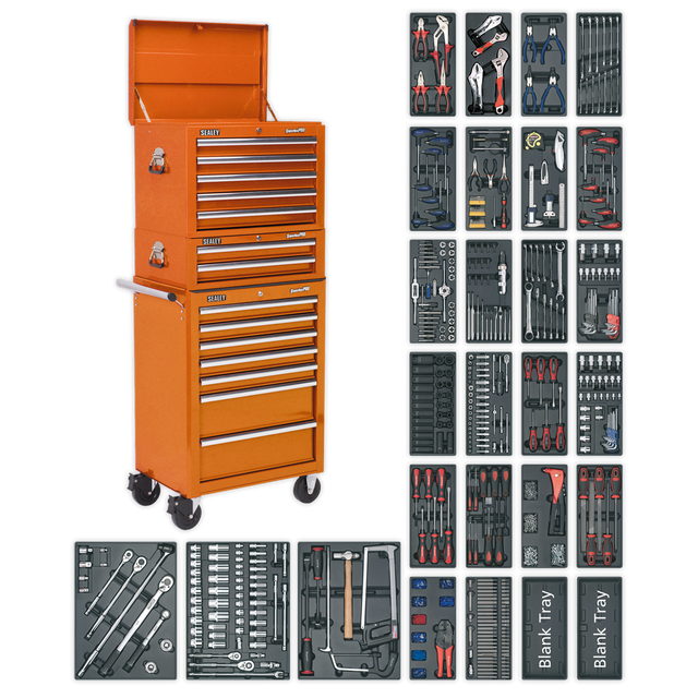 Sealey's SPTOCOMBO1, an orange 14-drawer tool chest combination with ball-bearing slides, is displayed alongside meticulously organized trays of various hand tools, including wrenches, pliers, screwdrivers, and more from the 1179-piece tool kit.