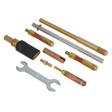 A set of varying brass and copper welding torch tips and parts, along with a silver wrench tool, all compatible with the Electrode Kit for SR2000 (Model No. SR2000.E) by Sealey.
