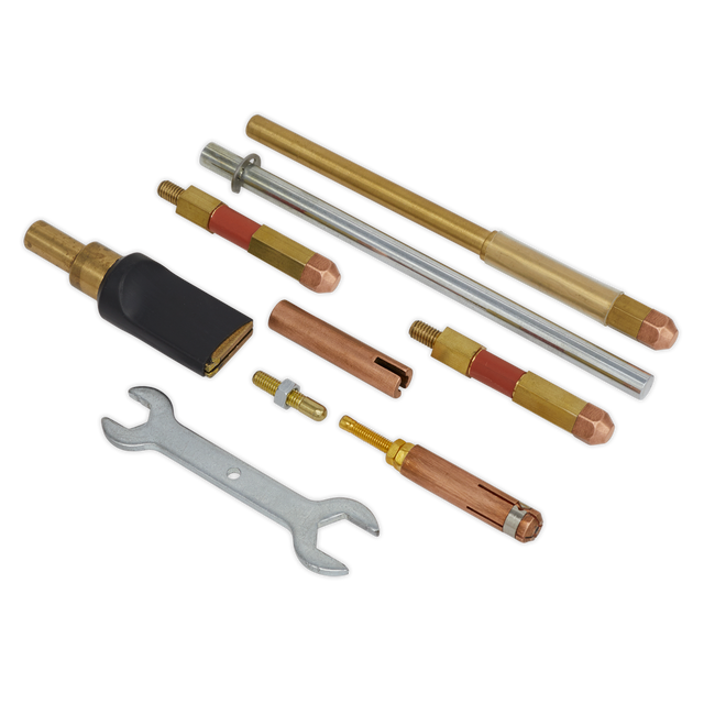 A set of varying brass and copper welding torch tips and parts, along with a silver wrench tool, all compatible with the Electrode Kit for SR2000 (Model No. SR2000.E) by Sealey.