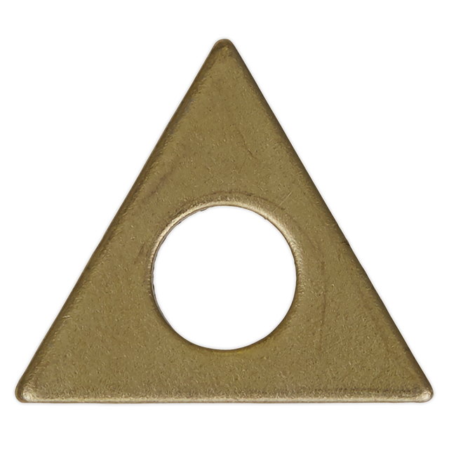 The SR2000.TW pack of 10 Triangle Washers by Sealey is a set of bronze-colored, equilateral triangular objects with circular holes in the center.