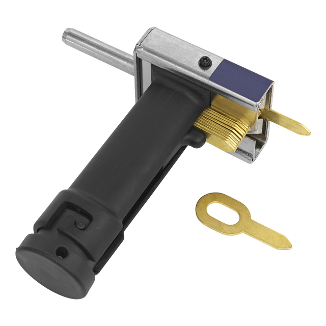 Product Description: The Sealey Tab Shooter for SR2000 - SR2000TS features a black-handled lock picking tool with an attached metal mechanism, and comes with a separate brass key bit, all isolated on a white background. It is perfectly suited for semi-automatic loading of tabs in Model No. SR2000.