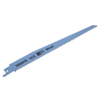 A close-up of a Sealey reciprocating saw blade labeled "SRBS811D HCS 6 TPI Wood," specifically designed for precision cutting through wood. This particular blade is from the Reciprocating Saw Blade Clean Wood 200mm 6tpi - Pack of 5 collection.