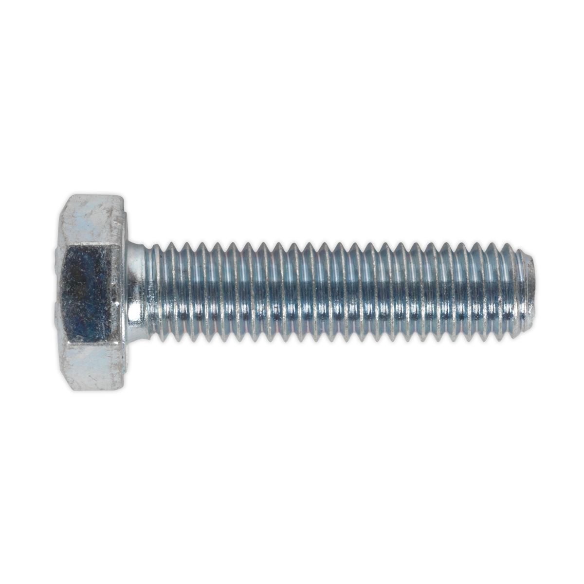 A close-up image of a Sealey HT Setscrew M10 x 40mm 8.8 Zinc (Pack of 25 - SS1040) featuring its shiny, silvery appearance and a rust-free, undamaged threaded shaft, characteristic of high tensile strength bolts.