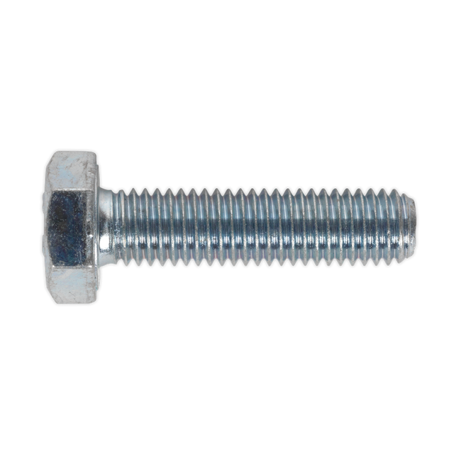 A close-up image of a Sealey HT Setscrew M10 x 40mm 8.8 Zinc (Pack of 25 - SS1040) featuring its shiny, silvery appearance and a rust-free, undamaged threaded shaft, characteristic of high tensile strength bolts.