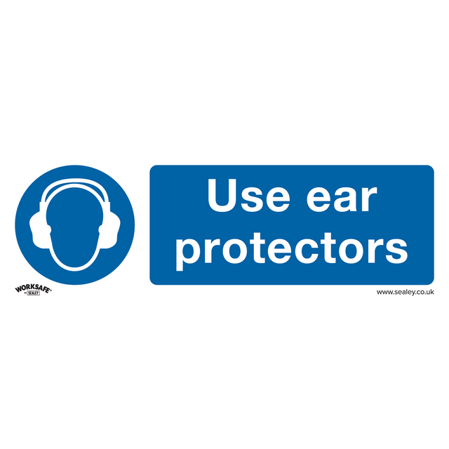 The Sealey Mandatory Safety Sign - Use Ear Protectors (SS10P1) is a blue and white rigid plastic sign featuring an icon of a person wearing ear protection and the text "Use ear protectors," making it ideal for office or commercial environments.