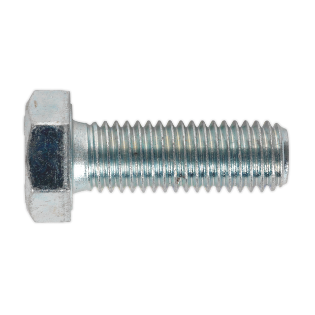 A side view of the Sealey HT Setscrew M12 x 35mm 8.8 Zinc Pack of 25 (SS1235), highlighting its impressive high tensile strength and hexagonal head, fully threaded and zinc-plated.