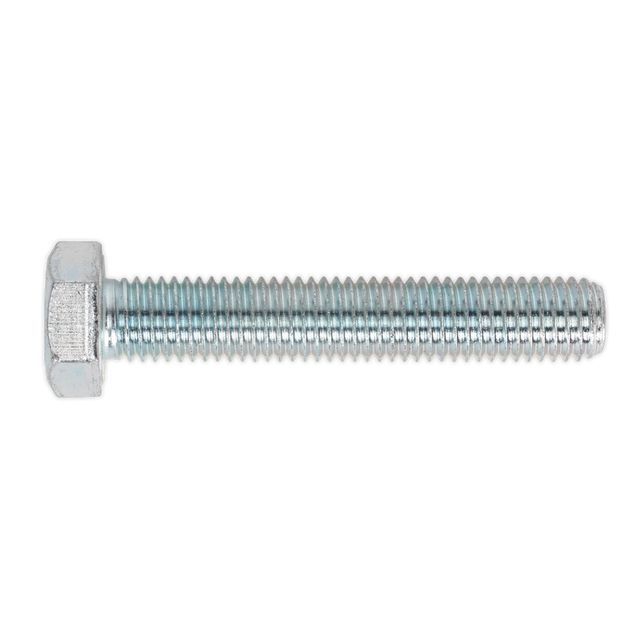 A single HT Setscrew M14 x 80mm 8.8 Zinc from a pack of 10, manufactured by Sealey, featuring a high tensile strength grade 8.8 threaded body, is shown against a white background.
