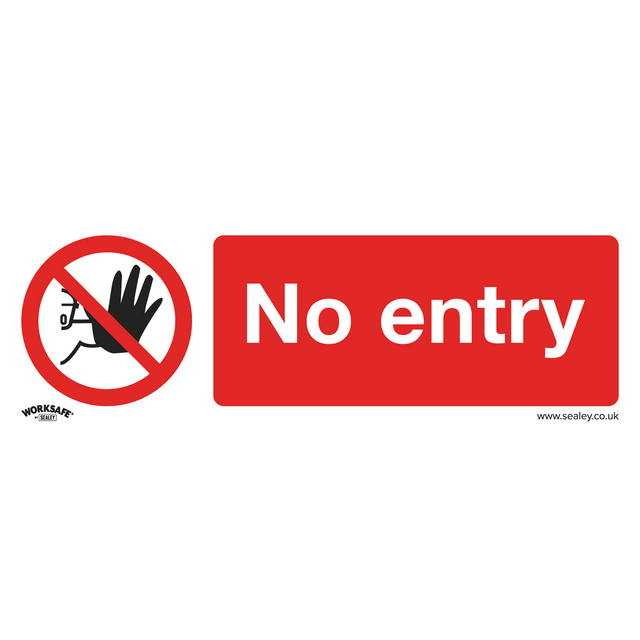 The Sealey Prohibition Safety Sign - No Entry (Rigid Plastic, SS14P1) features a red "No entry" symbol with a hand in a crossed-out circle, indicating restricted access commonly found in commercial or office areas.