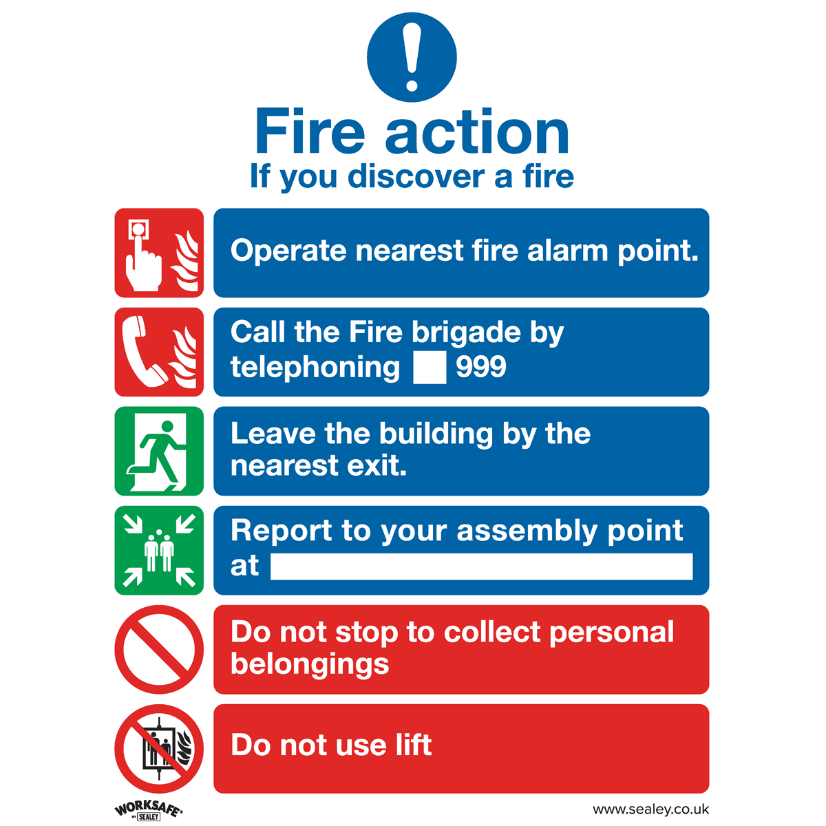 Sealey's Safe Conditions Safety Sign - Fire Action With Lift provides clear instructions for office and commercial environments: Operate the fire alarm, call the fire brigade (999), exit the building, and report at the assembly point. Do not collect belongings or use the lift. Made from rigid plastic, these signs include warning icons for clarity and come in a pack of 10 (Product Code: SS19P10).