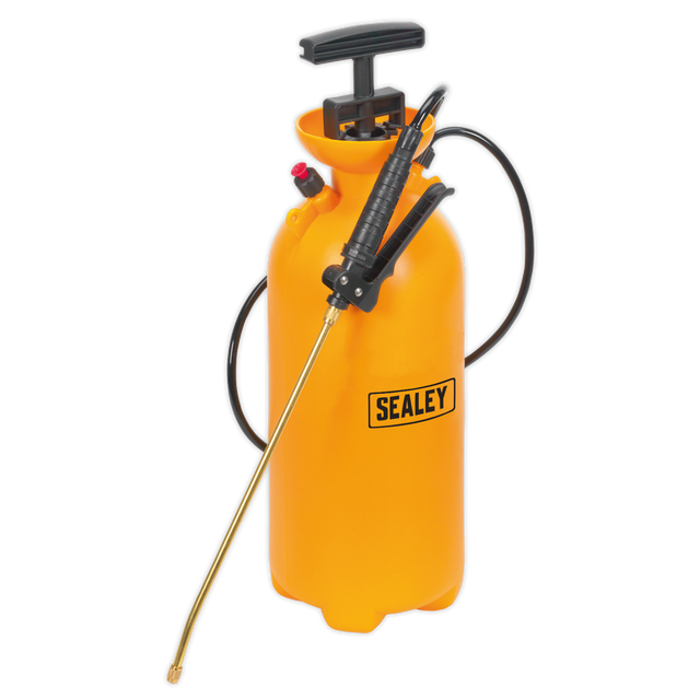 A yellow Sealey hand-pump garden sprayer, model "Pressure Sprayer 8L - SS3," features a black hose and adjustable nozzle for precise fluid spraying.