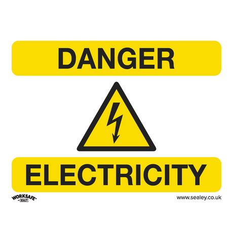 Product Description: The Sealey Warning Safety Sign - Danger Electricity - Rigid Plastic - SS41P1 features a yellow background with the word "DANGER" at the top, a lightning bolt inside a triangle in the middle, and "ELECTRICITY" at the bottom. This sign is ideal for workshops and commercial environments.