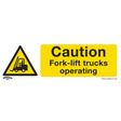 The Sealey Warning Safety Sign - Caution Fork-Lift Trucks (SS44V1) is a yellow caution sign featuring an image of a forklift truck and the text: "Caution. Fork-lift trucks operating." Made from self-adhesive vinyl, this sign is ideal for commercial environments, ensuring safety by alerting everyone in the office.