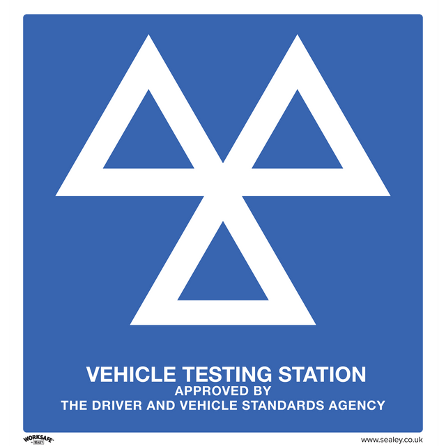 Sealey's Warning Safety Sign - MOT Testing Station, available as a pack of 10 (SS51P10), is a blue sign with a white geometric logo, crafted from rigid plastic and indicating approval by the Driver and Vehicle Standards Agency.