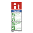 The Sealey Safe Conditions Safety Sign - Powder Fire Extinguisher (SS52V10), made from self-adhesive vinyl, indicates that powder extinguishers are safe for use on wood, paper, fabric, flammable liquids, gaseous fires, and electrical fires. Ideal for office use in commercial environments.