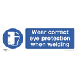 Sealey's Mandatory Safety Sign - Wear Eye Protection When Welding (model SS54V1) is a self-adhesive vinyl sign featuring a welding mask icon and the message "Wear correct eye protection when welding" in bold white text on a blue background, making it ideal for commercial environments.
