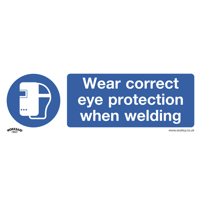 Sealey's Mandatory Safety Sign - Wear Eye Protection When Welding (model SS54V1) is a self-adhesive vinyl sign featuring a welding mask icon and the message "Wear correct eye protection when welding" in bold white text on a blue background, making it ideal for commercial environments.