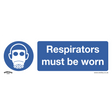 The Sealey Mandatory Safety Sign - Respirators Must Be Worn (model SS56P1) is a blue and white sign made of rigid plastic, featuring an icon of a person wearing a respirator mask alongside the text "Respirators must be worn." It is ideal for use in office settings and commercial environments.