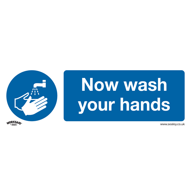 Sealey's Mandatory Safety Sign - "Now Wash Your Hands" (product code SS5P1) is made of rigid plastic and features a blue and white design with an icon of hands under running water. It's ideal for commercial environments or office use.