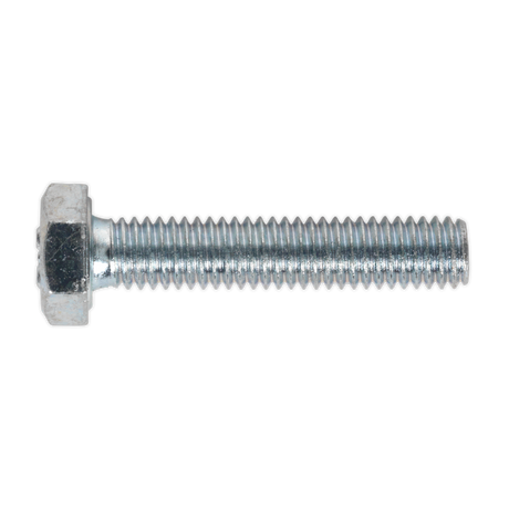 A Sealey HT Setscrew M6 x 30mm 8.8 Zinc from the SS630 pack of 50, featuring visible threading along its entire length, exemplifies its high tensile strength.