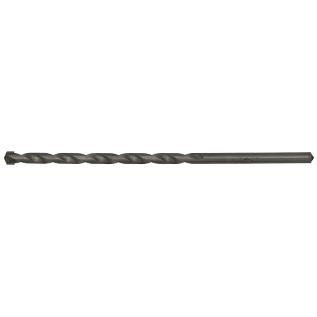 Close-up of a Sealey Straight Shank Rotary Impact Drill Bit Ø6.5 x 150mm - SS65X150, featuring a black spiral design and a hexagonal shank on a white background, ideal for general-purpose drilling.