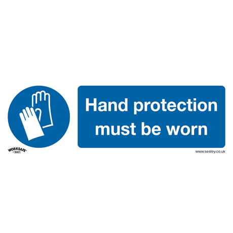 The Sealey Mandatory Safety Sign - Hand Protection Must Be Worn - SS6V10 features a blue background with an image of gloves and the text "Hand protection must be worn." Made from self-adhesive vinyl, this pack of 10 is ideal for commercial environments.