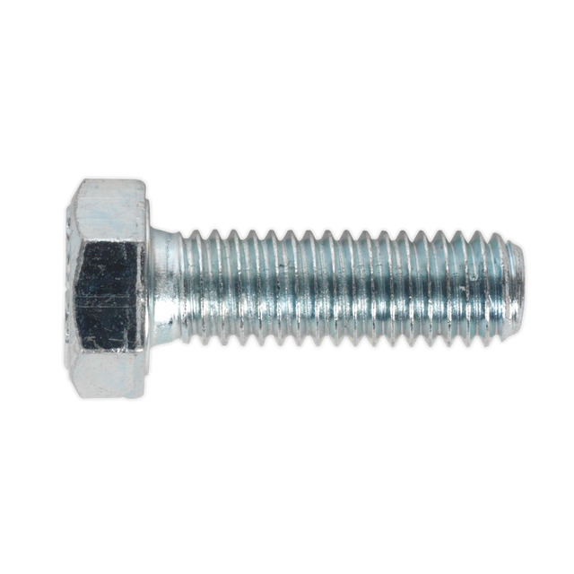 A close-up image of a Sealey HT Setscrew M8 x 25mm 8.8 Zinc from pack SS825, showcasing its threaded shaft, hexagonal head, and shiny surface. This example of high tensile strength bolts exhibits superior durability and reliability.