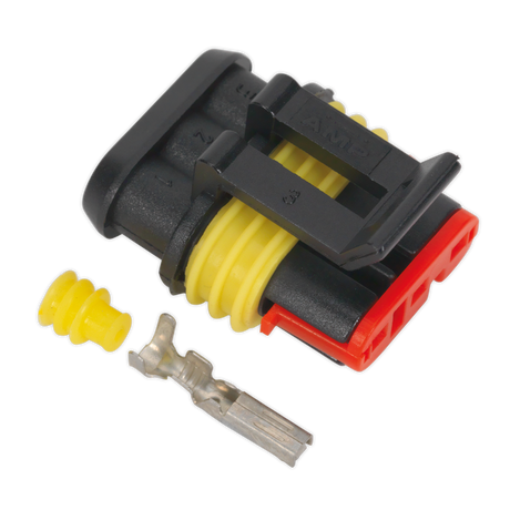The Sealey Superseal Female Connector 3-Way Pack of 5 (SSC3F) features black and red automotive electrical connectors with yellow sealing rings, metal terminal pins, and waterproof joints. A separate yellow grommet on the left ensures excellent protection for various cable sizes.