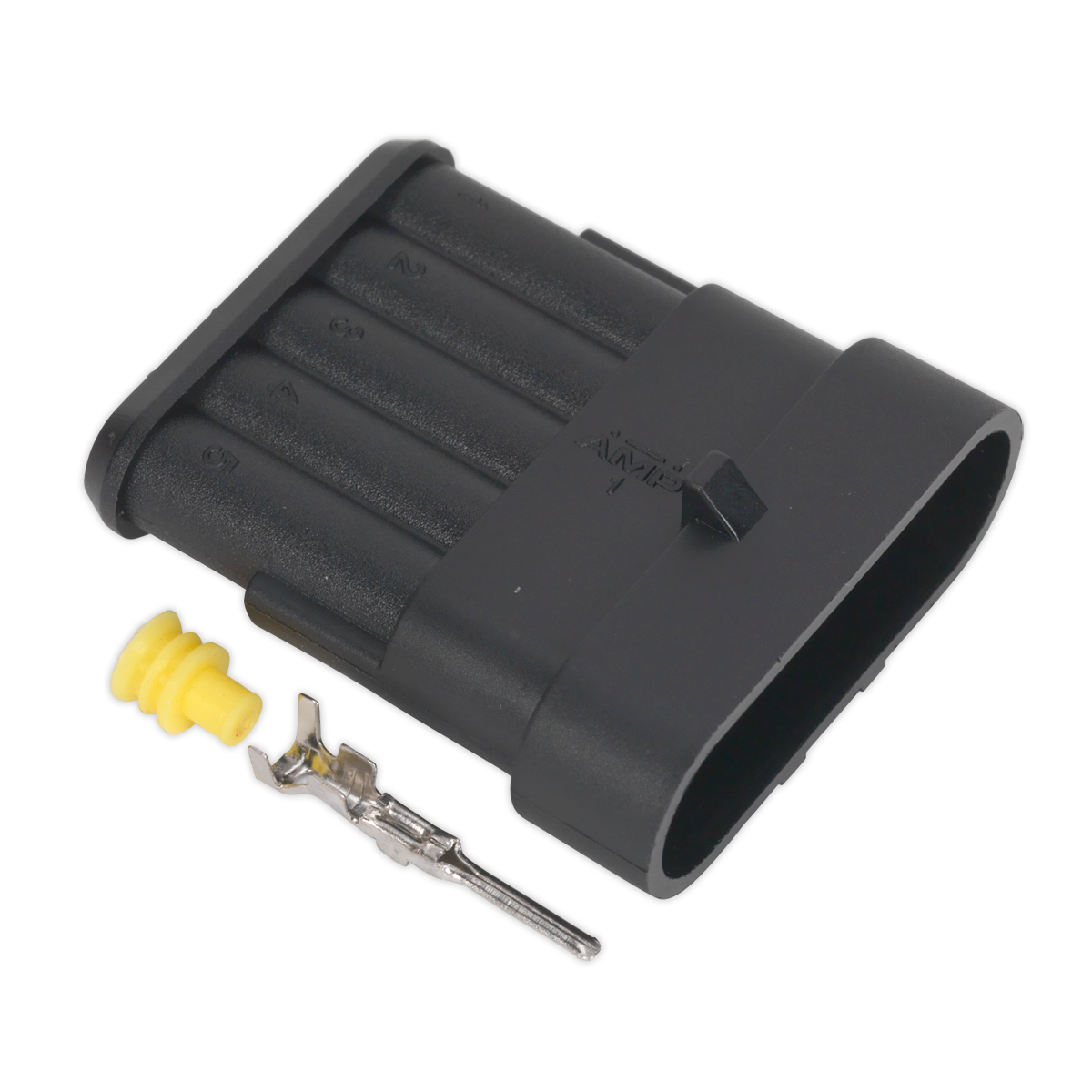 A black, rectangular automotive electrical connector from Sealey, next to a yellow grommet and metal terminal pin, featuring an IP65 waterproof joint. This is the Superseal Male Connector 5-Way Pack of 3 - SSC5M.