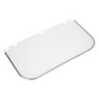 The Replacement Visor for SSP10E - SSP10E/R by Sealey is a rectangular transparent protective face shield with a metal rim and a brow guard, featuring multiple holes at the top for attachment.