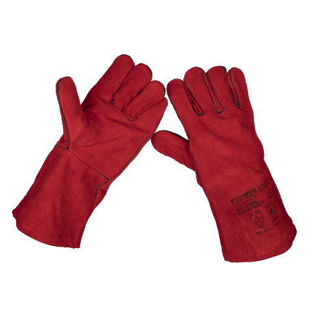 The Leather Welding Gauntlets Lined Pair - SSP141 by Sealey are designed for professional welders, showing both the palm and back sides. These robust red gauntlets feature printed text and symbols on the back, ensuring maximum protection and durability.