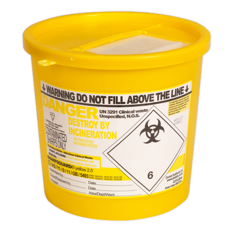 The Sealey Sharps Bin 2.5L - SSP250 is a yellow container featuring a biohazard symbol and warnings for the safe disposal of clinical waste via incineration.