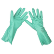 A pair of the Sealey Nitrile Gauntlets for use with Thinners 355mm Cuffed (SSP34) in a teal color is arranged with one glove facing palm up and the other palm down, displaying text and symbols on one CE Marked glove.
