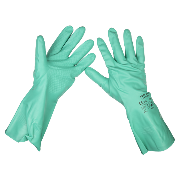 A pair of the Sealey Nitrile Gauntlets for use with Thinners 355mm Cuffed (SSP34) in a teal color is arranged with one glove facing palm up and the other palm down, displaying text and symbols on one CE Marked glove.