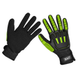 A pair of Sealey Cut & Impact Resistant Gloves (SSP39XL) in X-Large, with one glove showing the palm side and the other showing the back. The gloves feature black and neon green accents, visible padding, and an anti-slip coating. They boast cut resistance and proudly display the brand name "Sealey" on the wrist.