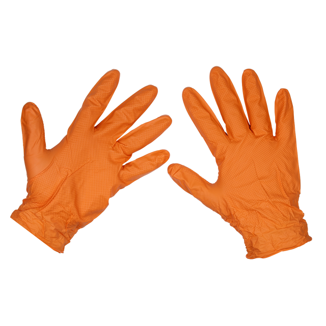 The Orange Diamond Grip Extra-Thick Nitrile Powder-Free Gloves X-Large, Pack of 50 (model SSP56XL) by Sealey, provide heavy-duty protection and chemical resistance, featuring a textured surface for enhanced grip.