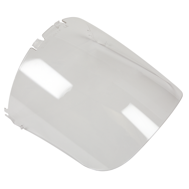 A clear, curved plastic face shield, Replacement Visor for SSP78.V2 - SSP78.V2R by Sealey, with attachment points along the top edge. The full face shield is shown against a white background, highlighting its transparency and smooth surface.