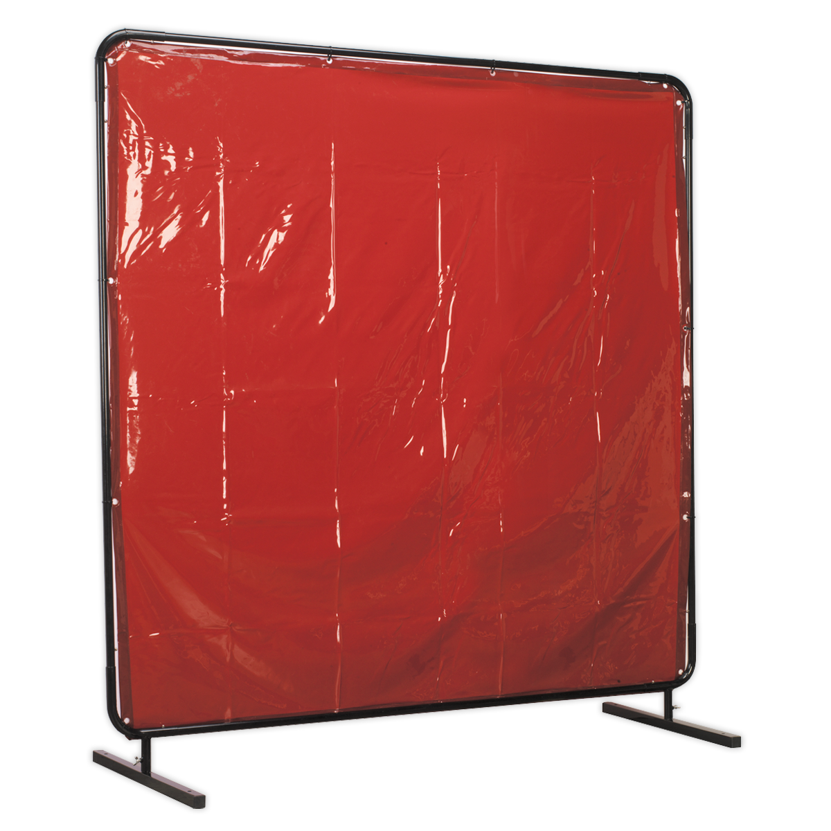 The Sealey Workshop Welding Curtain to EN ISO 25980:2014 & Frame 1.8 x 1.75m - SSP992 stands upright with its large amber screen and metal frame, featuring two sturdy legs for support to provide effective glare protection in compliance with EN ISO 25980:2014 standards.