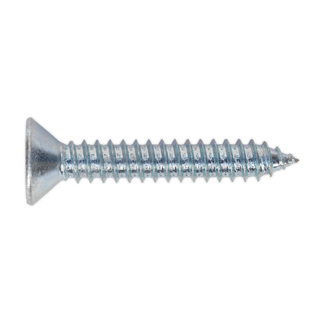 The Sealey Self Tapping Screw 6.3 x 38mm Countersunk Pozi (Pack of 100, ST6338), conforming to DIN 7982, with a flat head and threaded body is shown against a white background.