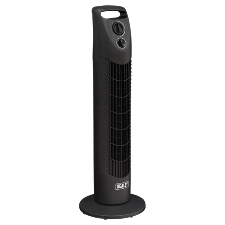 A 30" oscillating tower fan from Sealey, model STF30, in a sleek black design with a sturdy base and vertical grille. It features powerful air distribution, two control dials at the top, and a convenient carrying handle. The Sealey brand name is prominently displayed at the bottom.