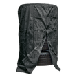 A stack of four car tires covered with a partially open black, water-resistant Sealey Cover for Wheel Storage Trolleys, Model No. STR.C.