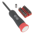 A black and red Torque Screwdriver Set from Sealey, featuring 34 pieces including interchangeable bits and an additional socket piece, specifically designed for automotive applications.