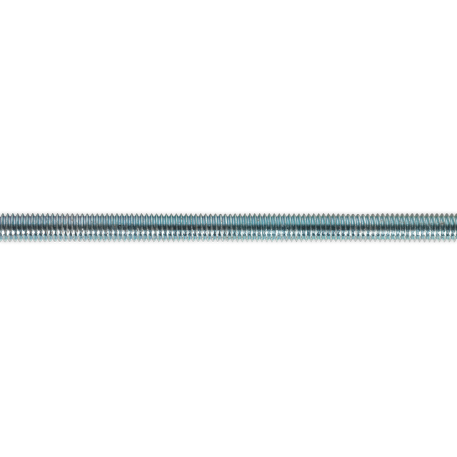 A close-up image of a Sealey Studding M6 x 1m Zinc threaded rod from the STUD6 pack of 5, laid horizontally against a white background.
