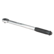 Introducing the Sealey Torque Wrench Micrometer Style 3/8"Sq Drive 7-112Nm(5-83lb.ft) - STW1011, a precision tool renowned for its calibrated accuracy. This torque wrench comes with a robust metallic handle and a black grip, featuring a Chrome Vanadium steel ratchet head and a square drive at one end.