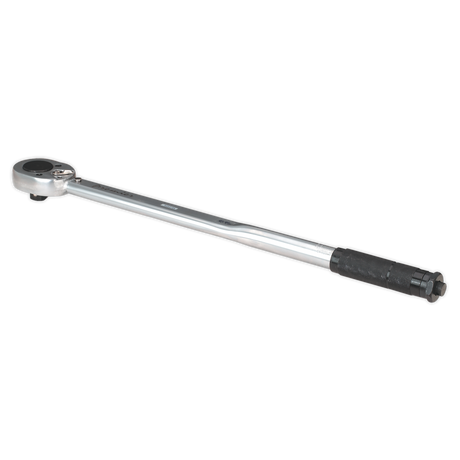 The Sealey Torque Wrench Micrometer Style 3/4"Sq Drive 70-420Nm(52-310lb.ft) - Calibrated (STW103) features a textured black handle and is crafted from Chrome Vanadium steel, ensuring precision and durability. As part of the Premier Hand Tools collection, it boasts superior calibration tolerance for accurate results every time.