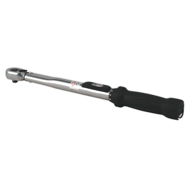 The Torque Wrench Locking Micrometer Style 3/8"Sq Drive 10-110Nm (10-80lb.ft) Calibrated - STW200 from Sealey features a silver finish with a black handle and an adjustable dial near the handle for setting various torque levels, offering precise calibration tolerance as part of Sealey's high-quality range.