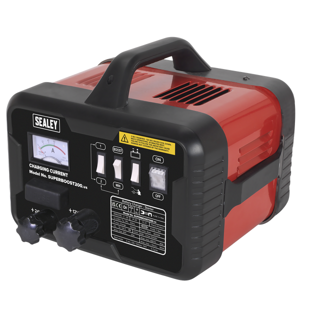 A portable battery charger with a handle, labeled "Sealey," featuring various switches, knobs, and a charging current meter on the front panel. Model number: SUPERBOOST200, 12/24V output for reliable boost power.