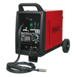 A red and black Sealey Professional MIG Welder 150A 230V - SUPERMIG150, equipped with attached cables and cord, features a maximum power setting, an Argon/CO2 regulator, and is mounted on two wheels for mobility.