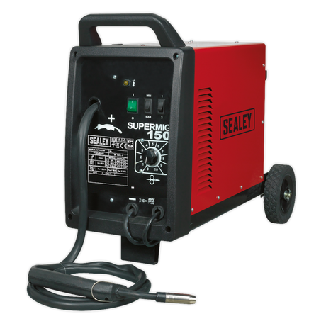 A red and black Sealey Professional MIG Welder 150A 230V - SUPERMIG150, equipped with attached cables and cord, features a maximum power setting, an Argon/CO2 regulator, and is mounted on two wheels for mobility.