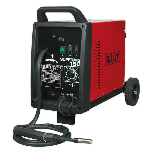 A red and black Sealey Professional MIG Welder 150A 230V - SUPERMIG150, equipped with attached cables and cord, features a maximum power setting, an Argon/CO2 regulator, and is mounted on two wheels for mobility.